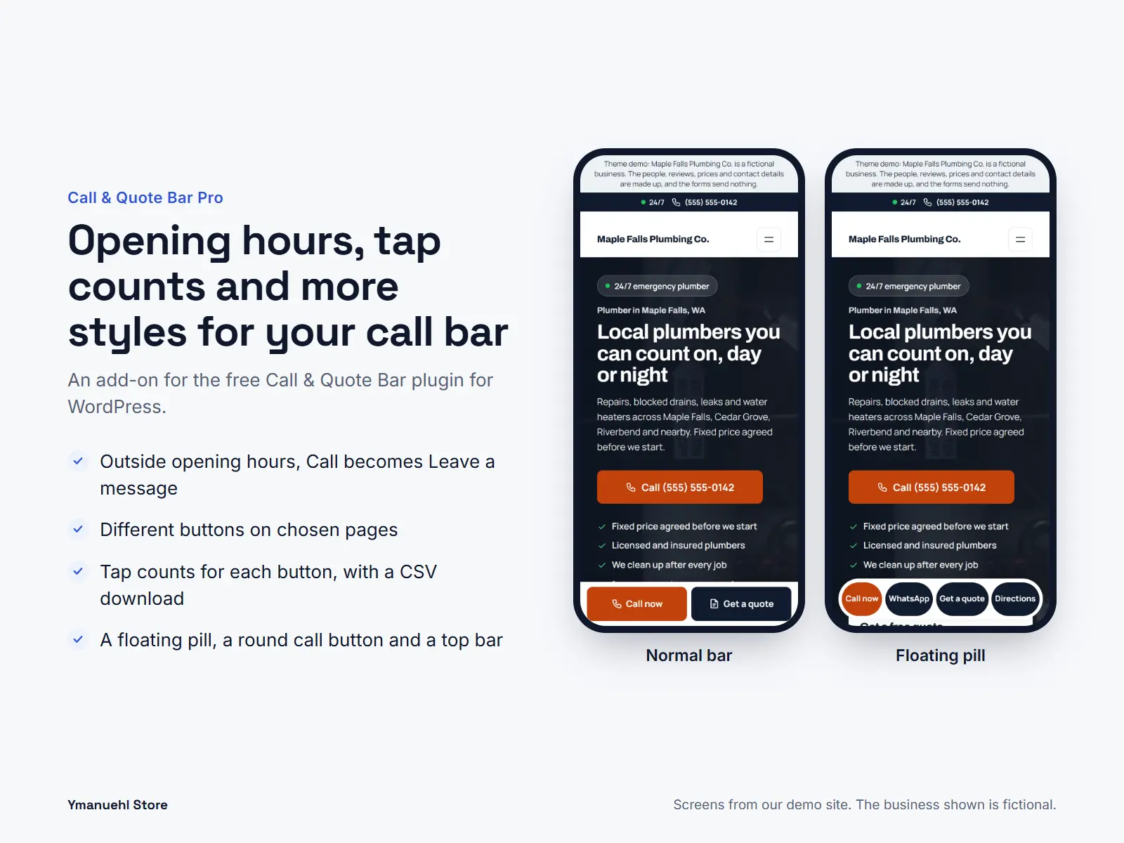 Two phone screens of a plumber website with a call bar at the bottom, a normal bar and a floating pill