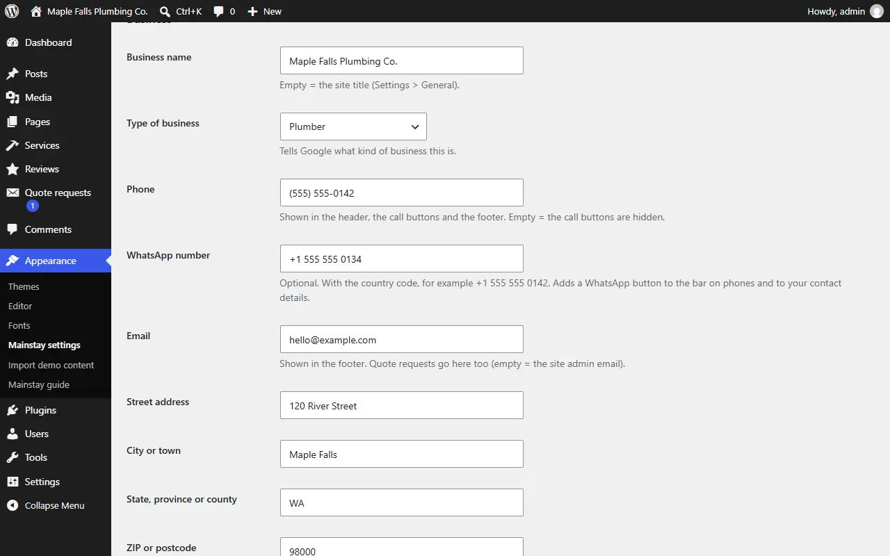 Step 2: Add your details, in the WordPress admin