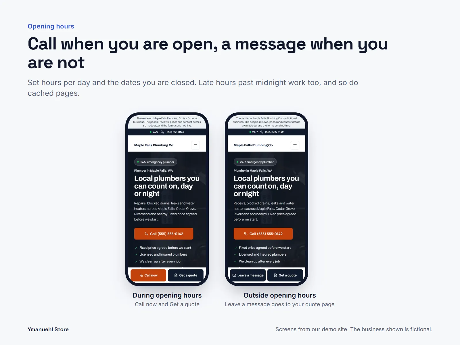 Opening hours in Call & Quote Bar Pro: outside them, Call becomes Leave a message