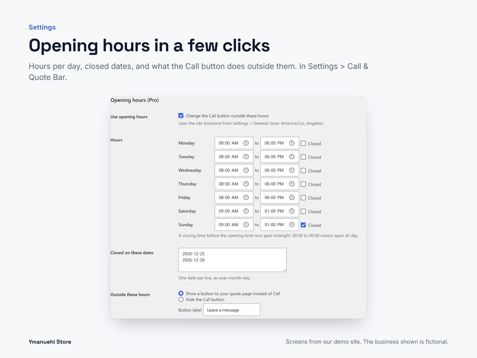 Opening hours settings