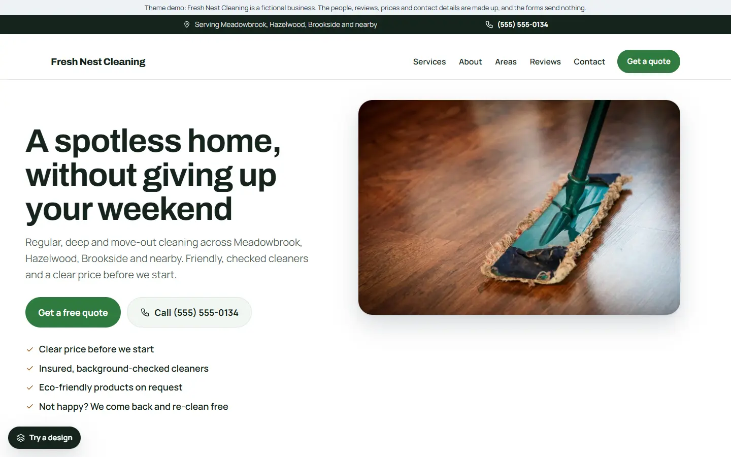 Cleaning service template: home page of Fresh Nest Cleaning