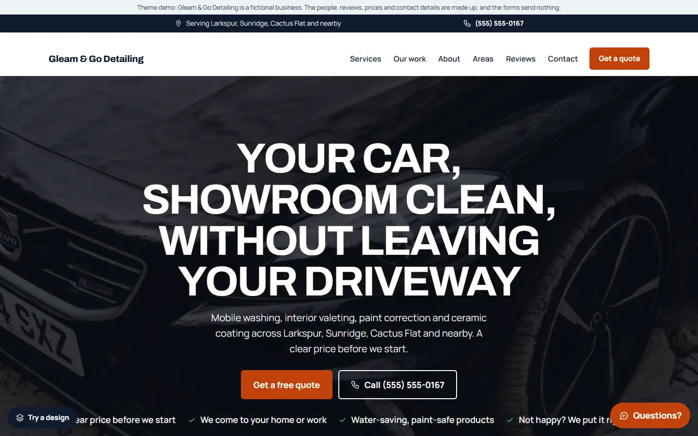 Home page of the car detailing template (Gleam & Go Detailing, a made-up business)