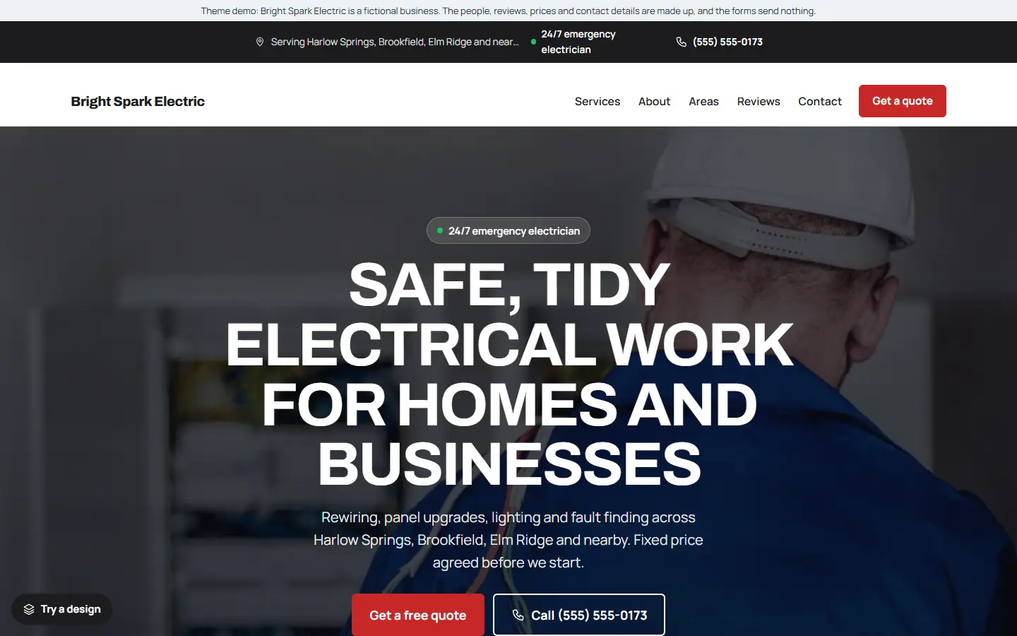Electrician template: home page of Bright Spark Electric