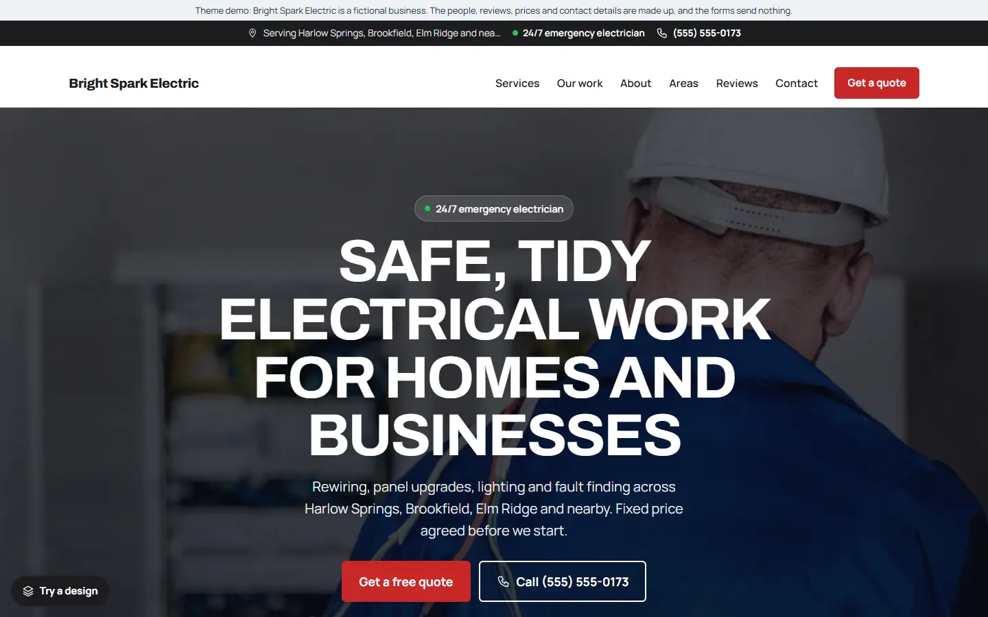 Home page of an electrician website with an emergency call button and a quote form