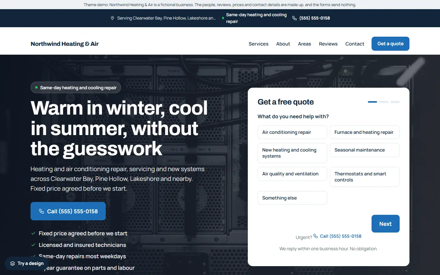 Heating and cooling template: home page of Northwind Heating & Air
