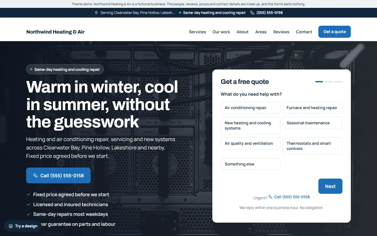 Home page of a heating and air conditioning website with a call button and a quote form