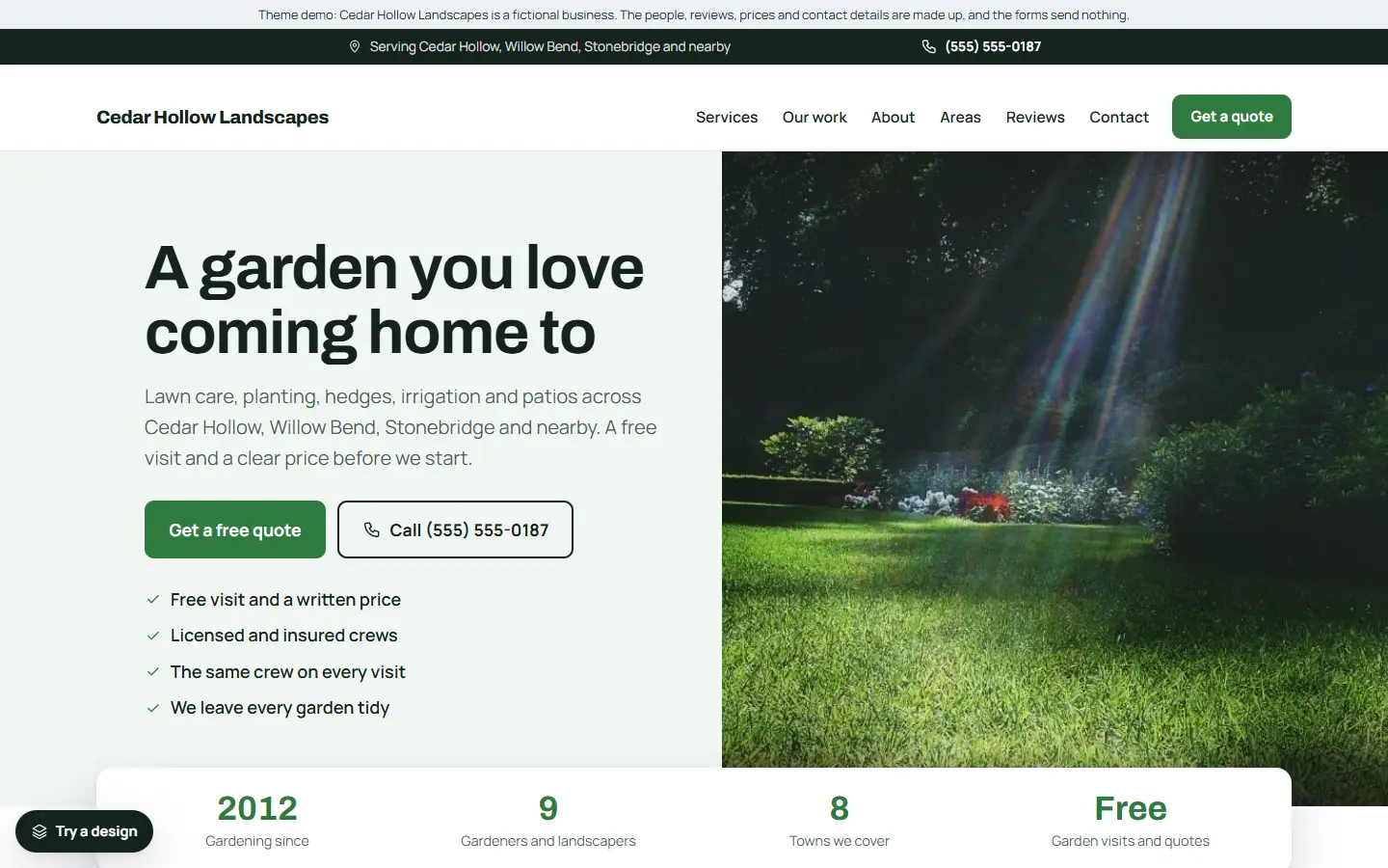 Home page of the landscaping template (Cedar Hollow Landscapes, a made-up business)