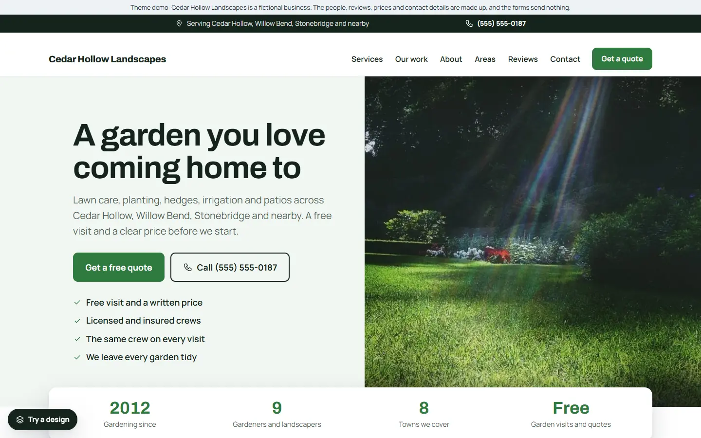 Home page of a landscaping website with a green design and a garden photo