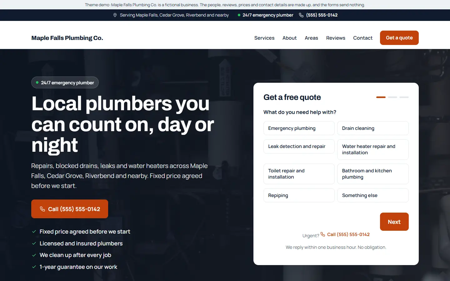 Home page of a plumber website made with WordPress, with an emergency call button and a short quote form