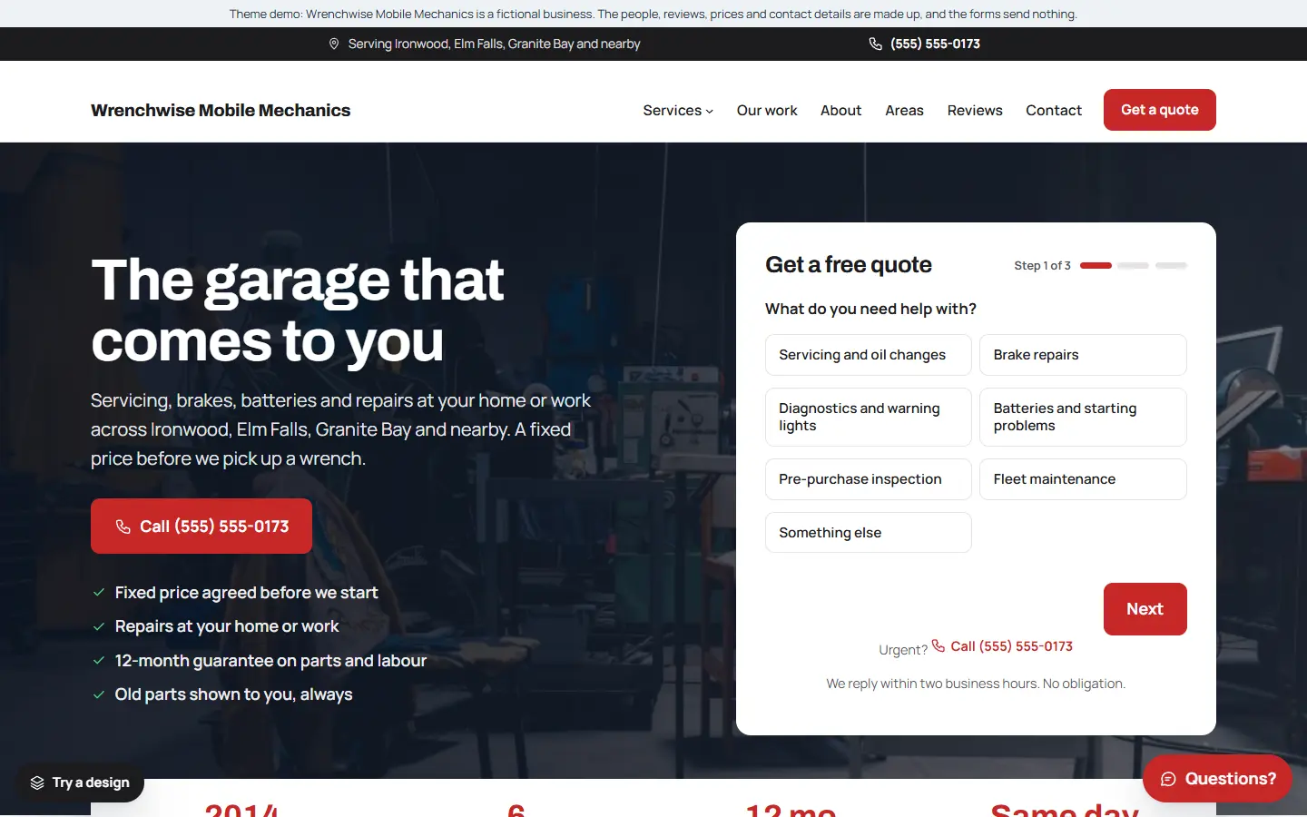 Home page of a mobile mechanic website with a quote form next to the headline