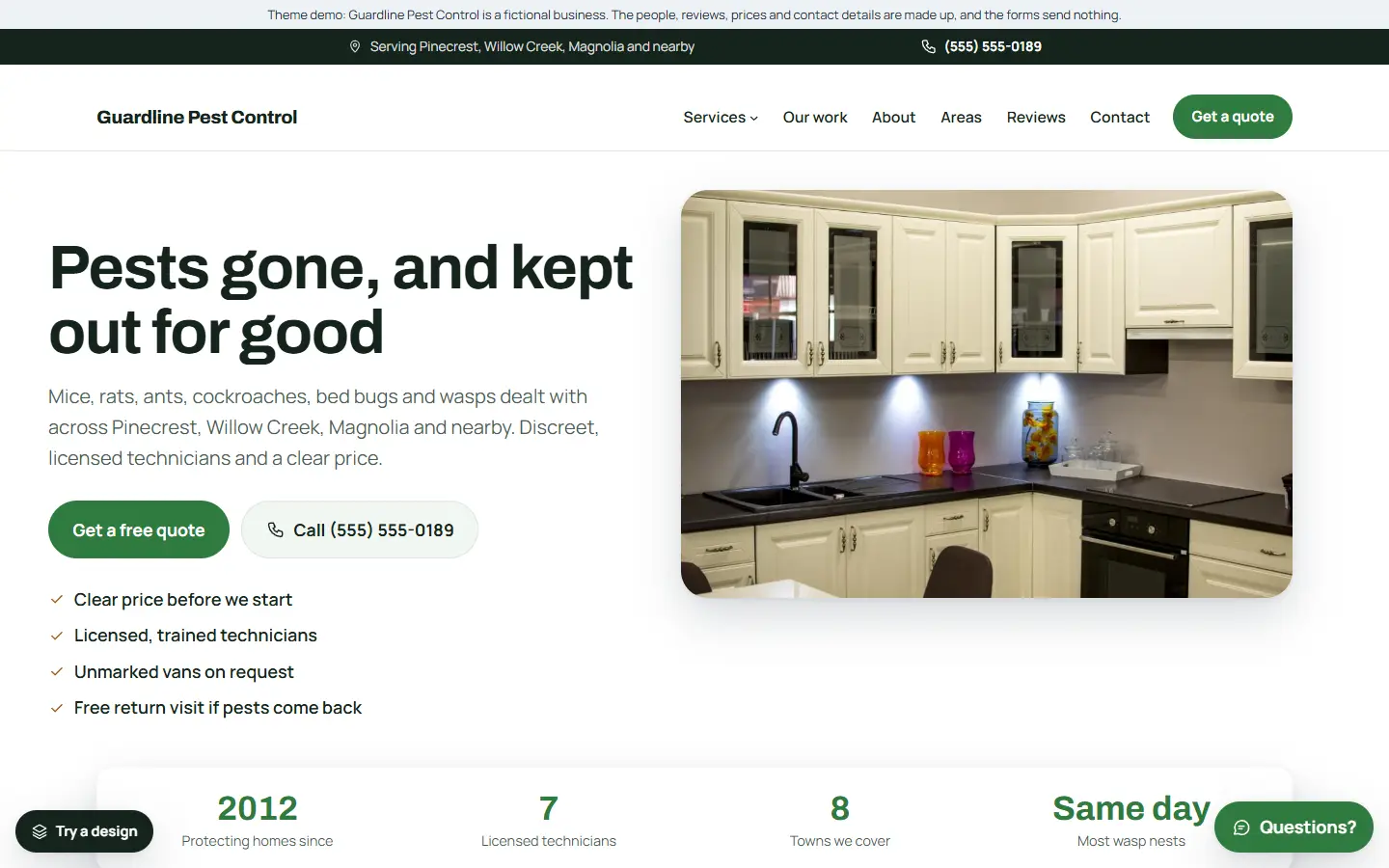 Home page of the pest control template (Guardline Pest Control, a made-up business)