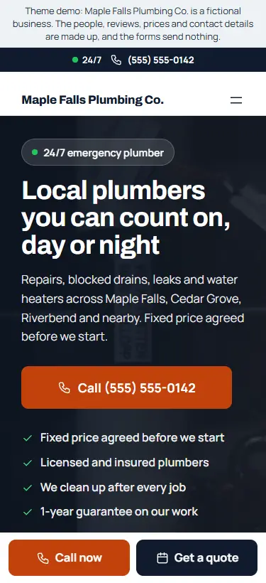 Home page on a phone, with the call and quote bar