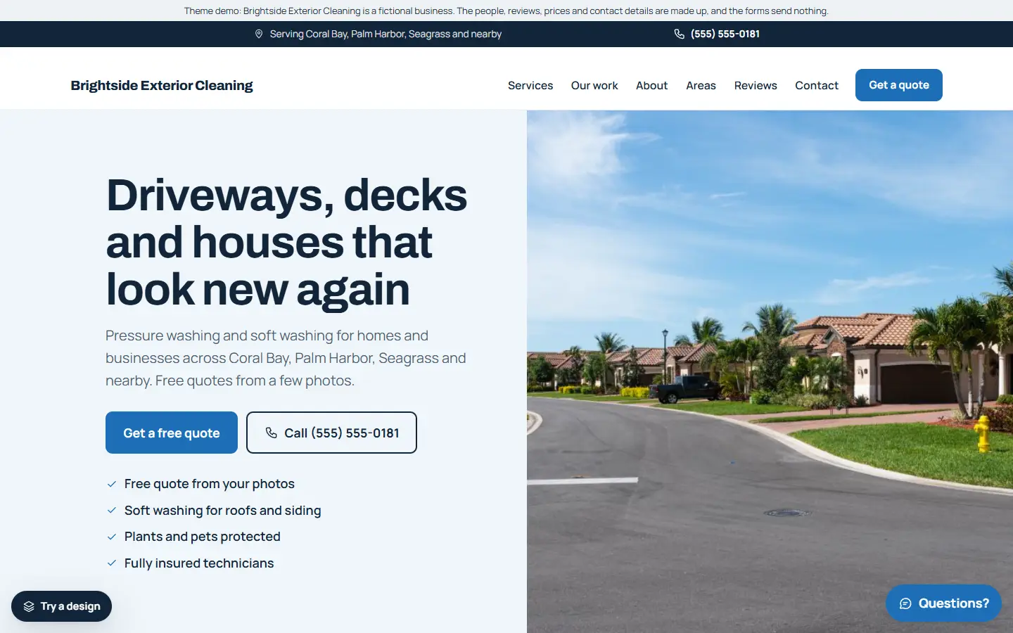 Home page of the pressure washing template (Brightside Exterior Cleaning, a made-up business)