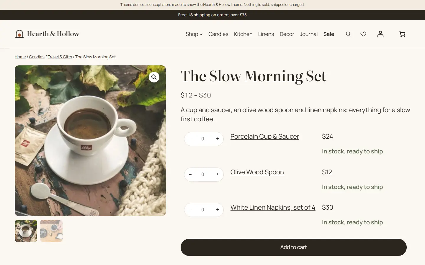 Product page for a set, with each item added separately