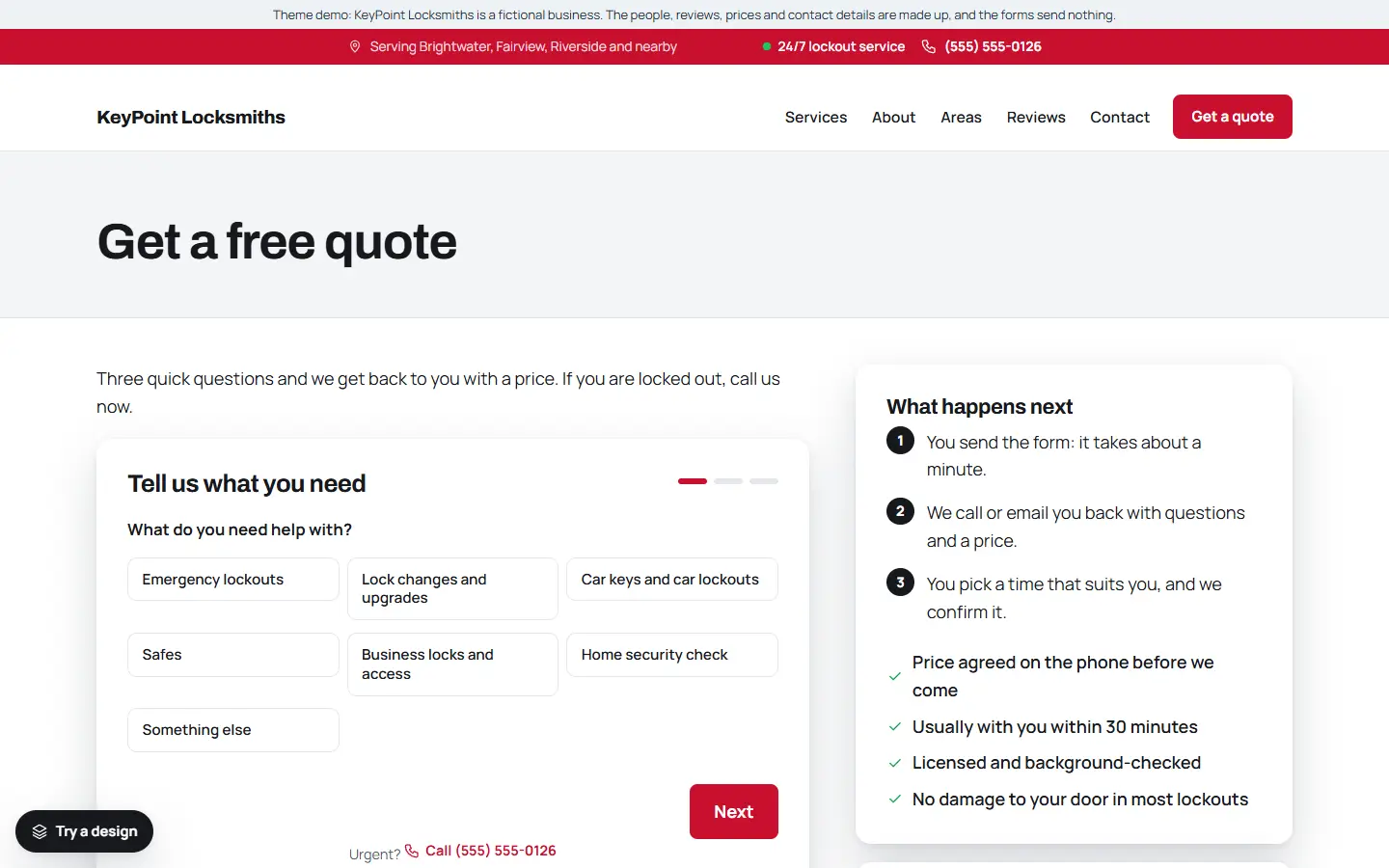 Locksmith template: quote page with the form