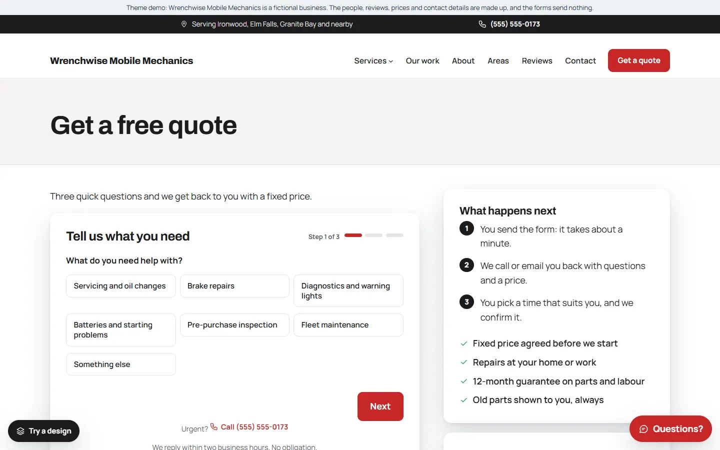 Mobile mechanic template: quote page with the form