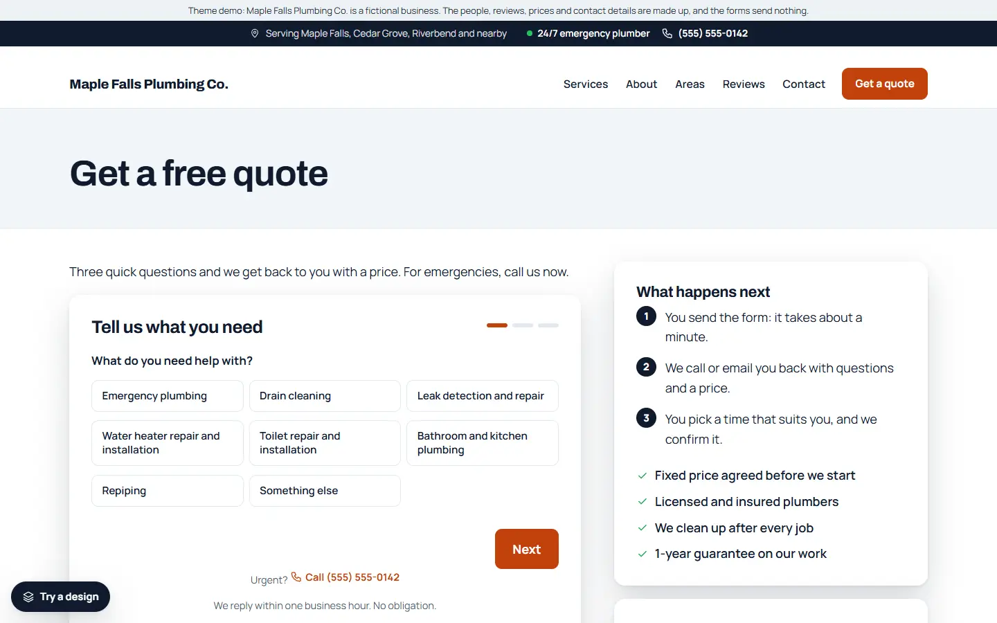 Plumbing template: quote page with the form