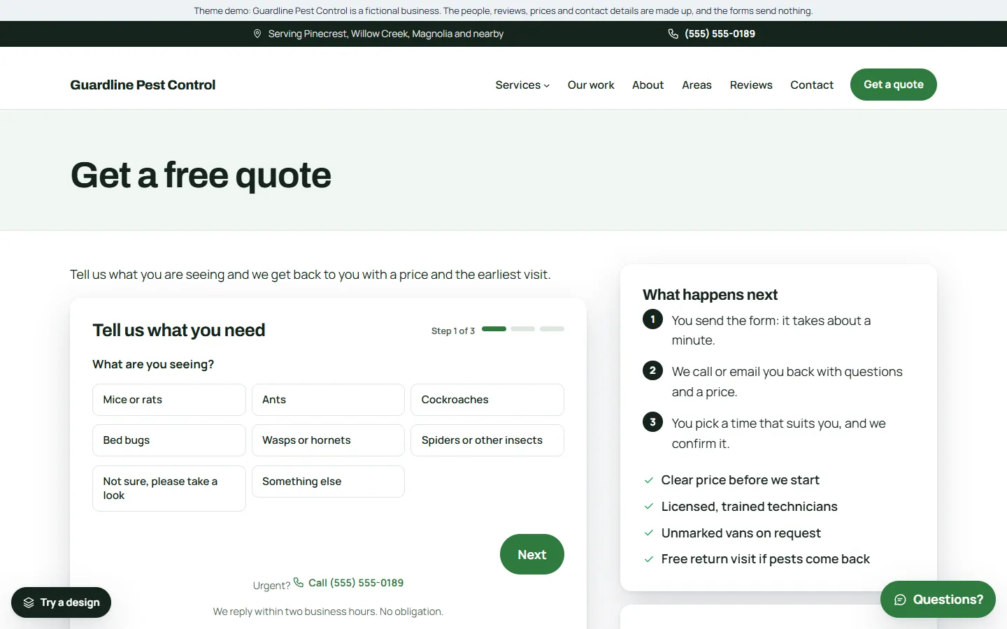 The quote page of the pest control template, with the quote form