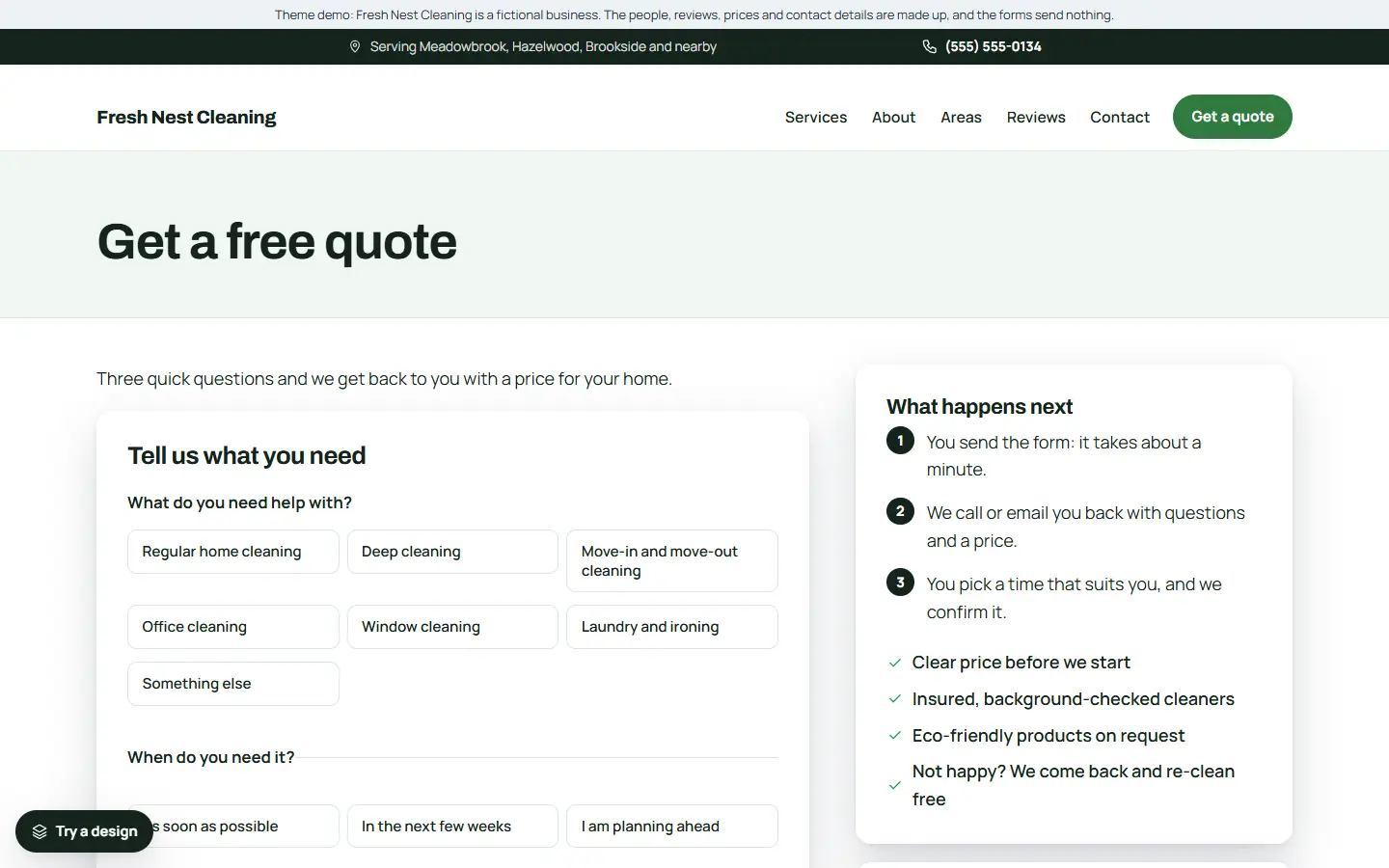 Cleaning service template: quote page with the form