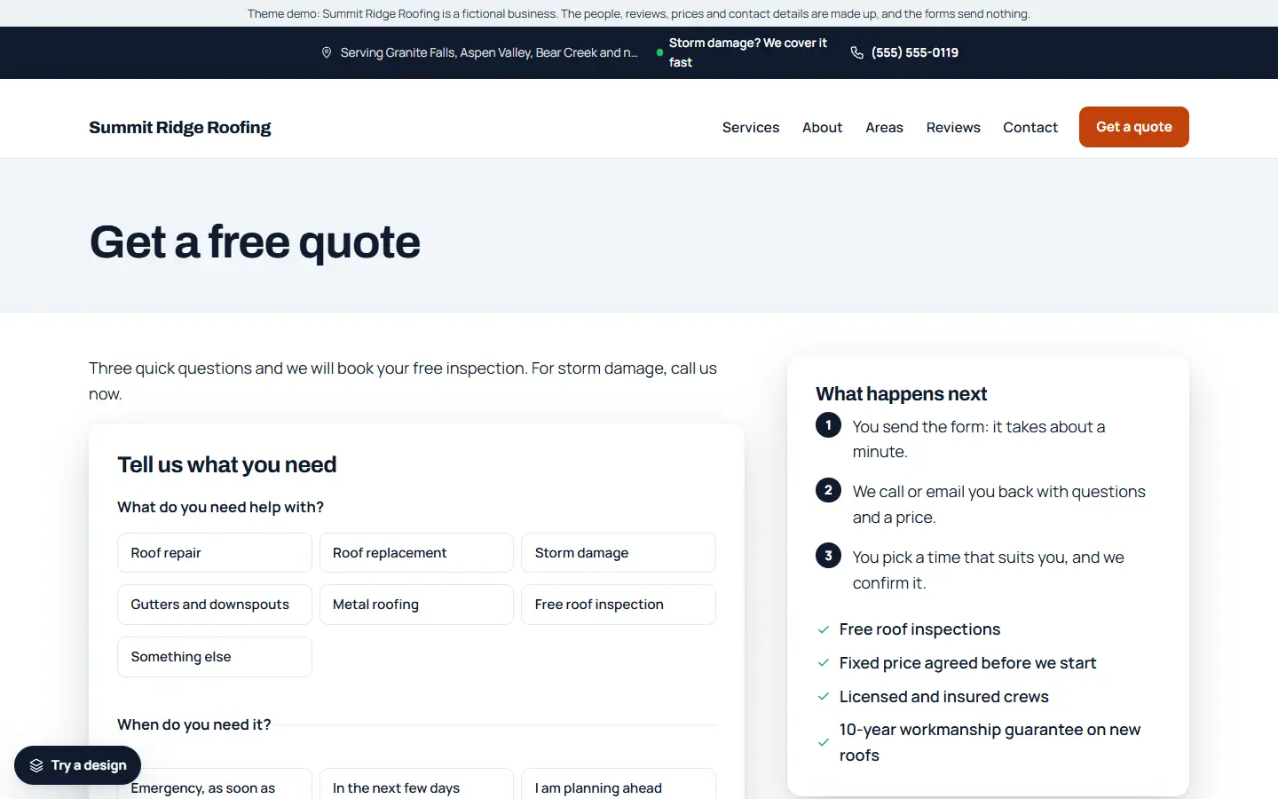 Roofing template: quote page with the form