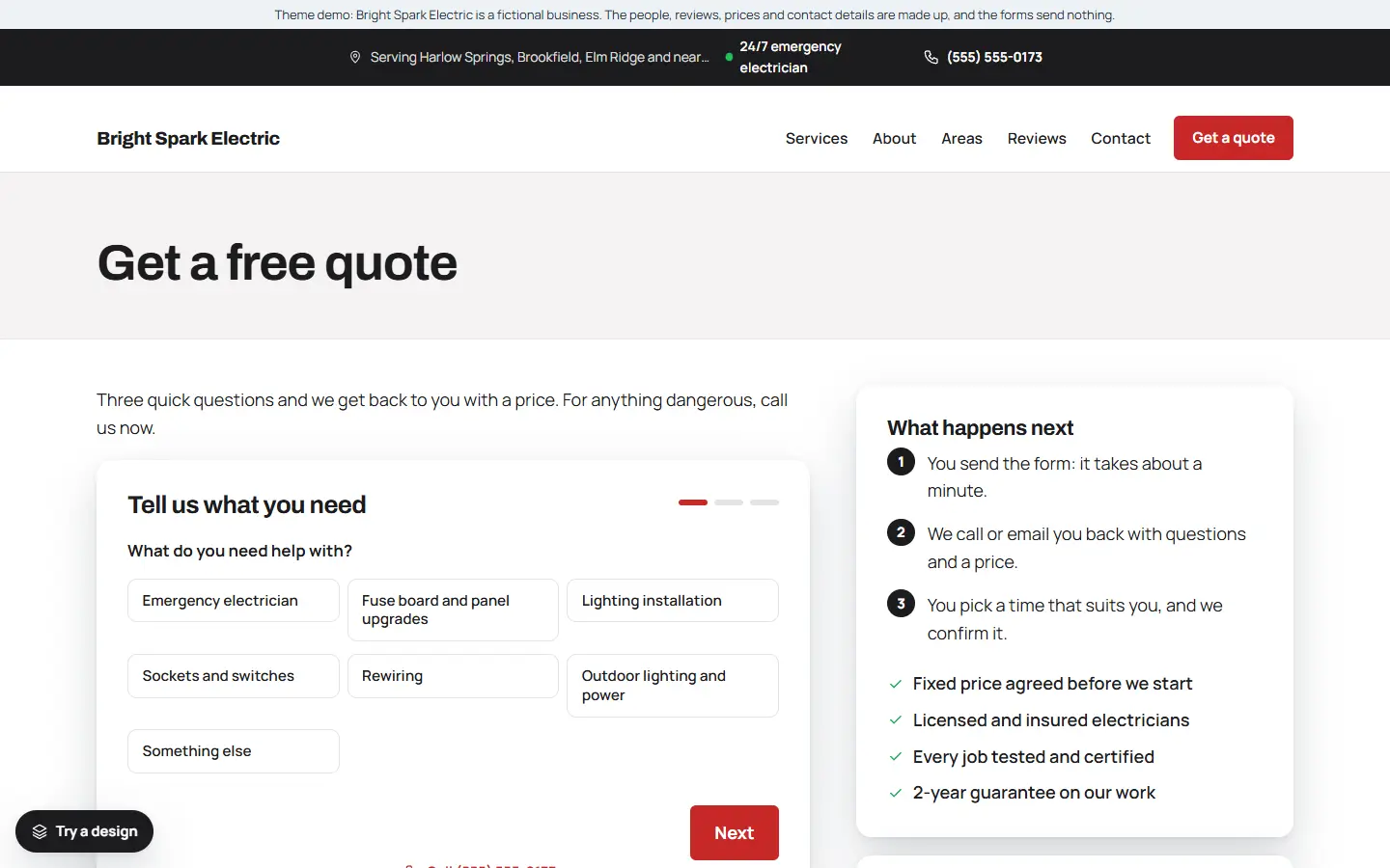 Electrician template: quote page with the form