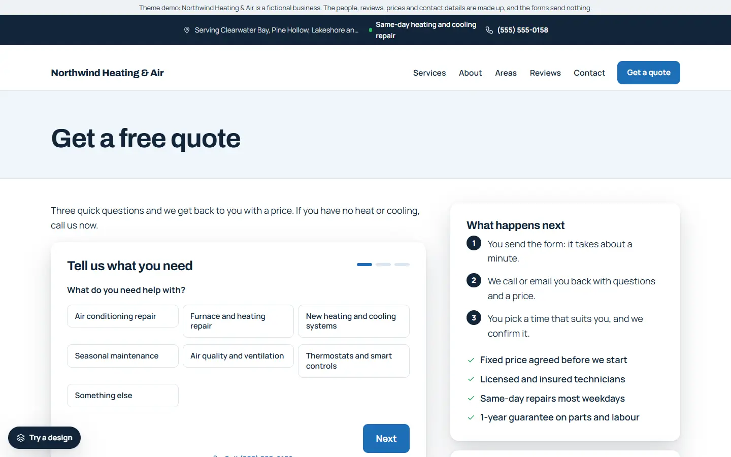 Heating and cooling template: quote page with the form