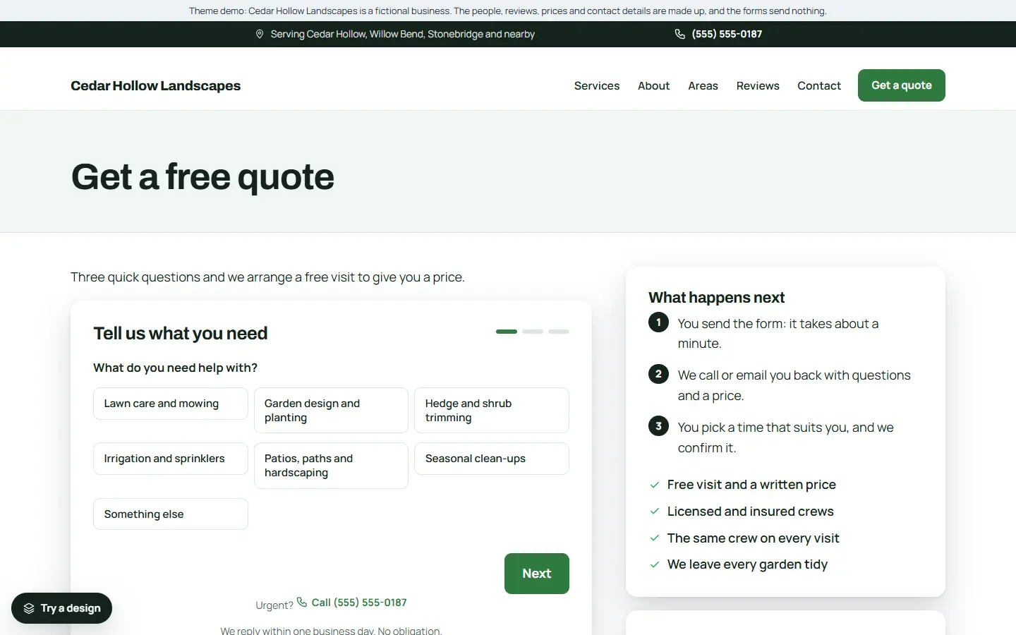 Landscaping template: quote page with the form