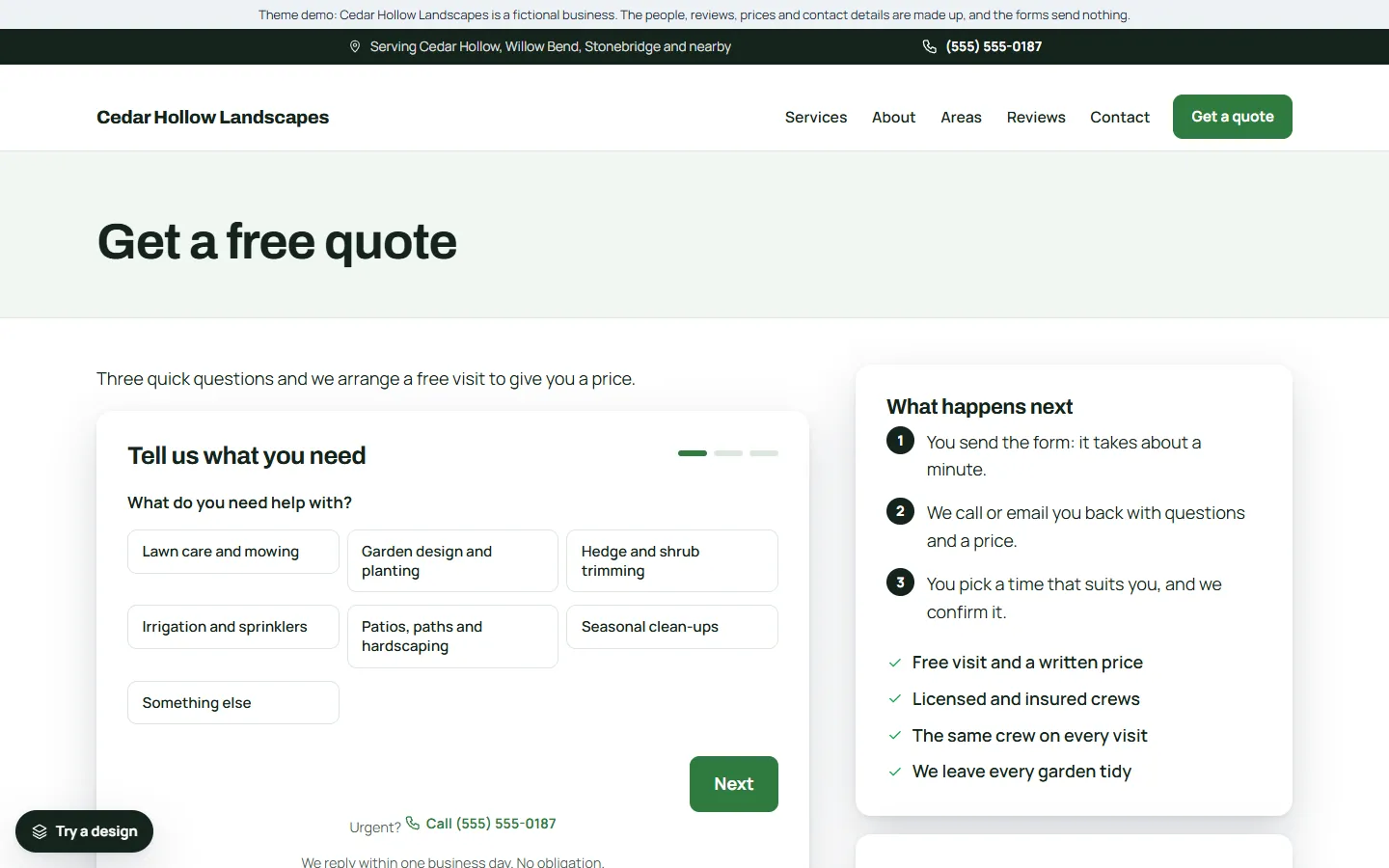 The quote page of the landscaping template