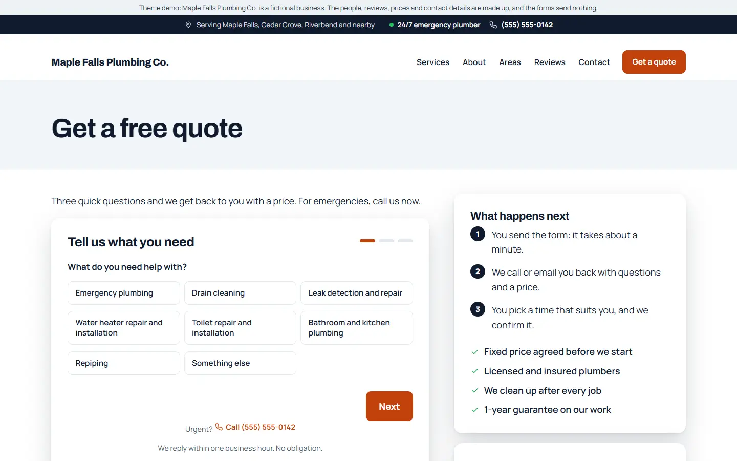 Quote page: the three-step form and what happens next