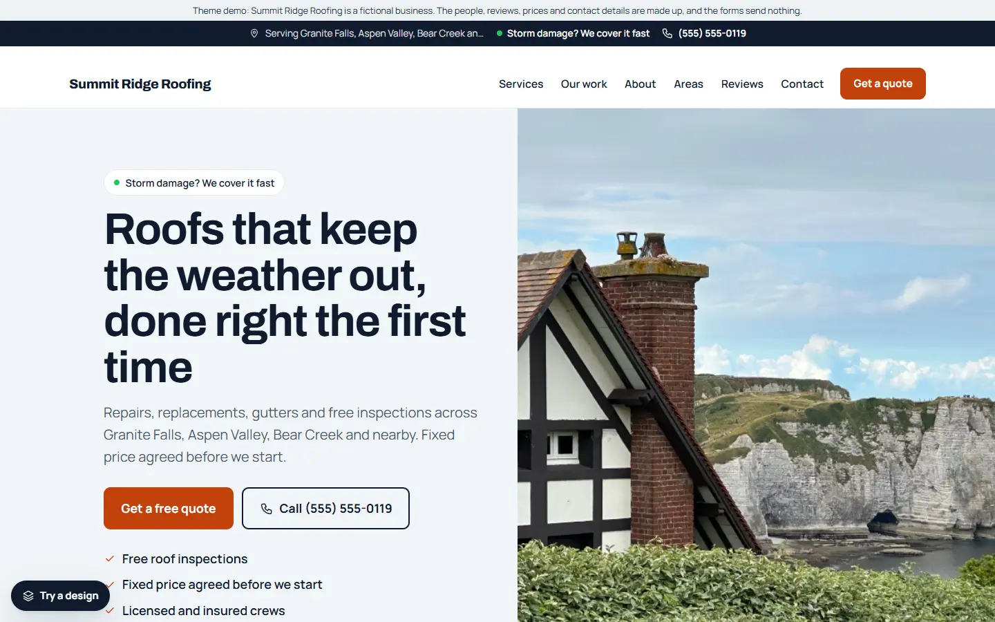 Home page of a roofing website with a free inspection offer and a quote form