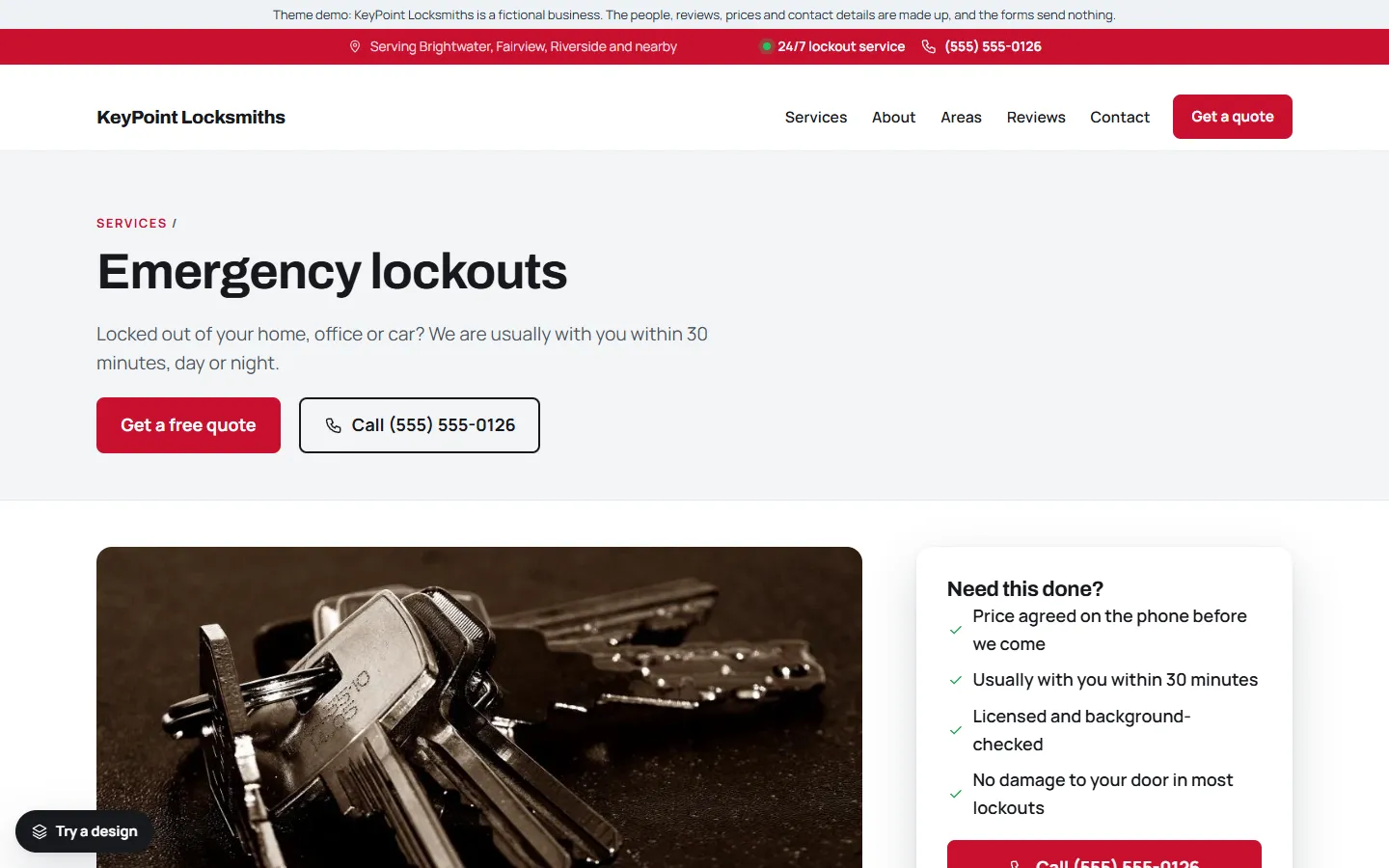 A single service page in the locksmith template, with call and quote buttons