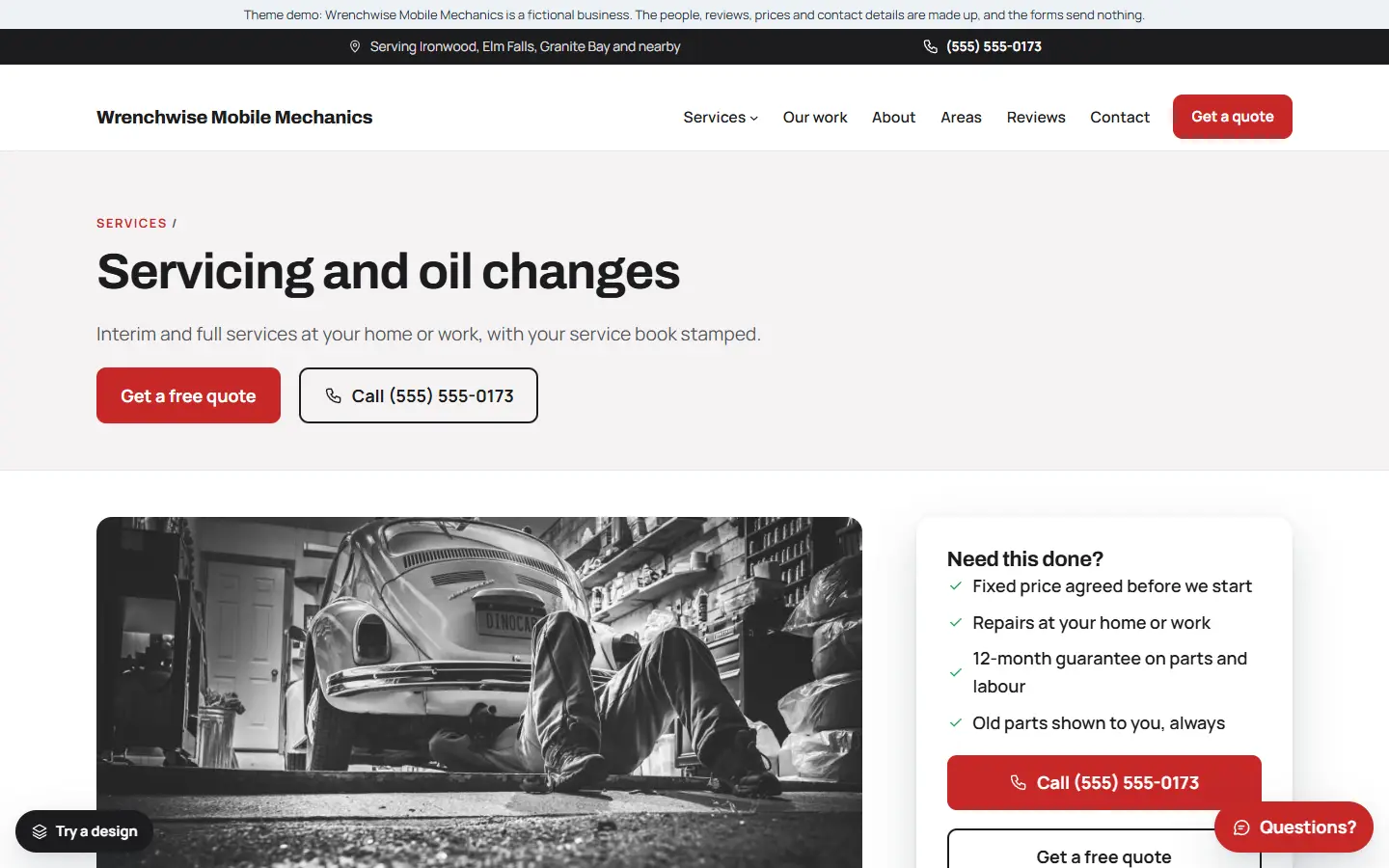 Mobile mechanic template: a service page