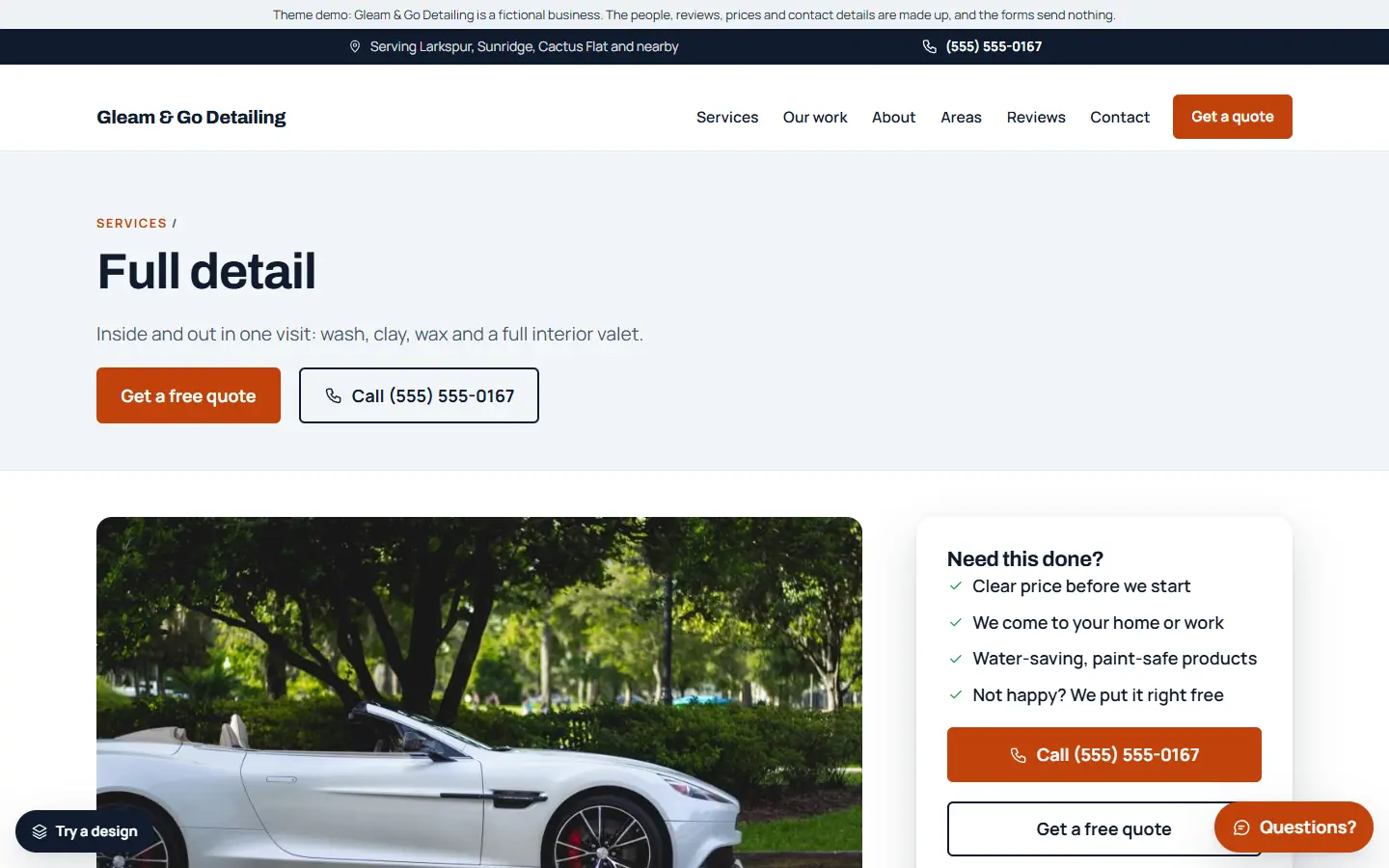Car detailing template: a service page