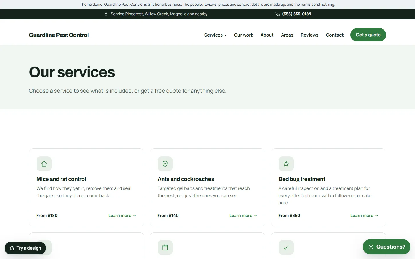 The services page of the pest control template