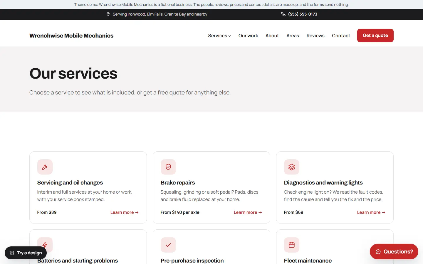 Mobile mechanic template: all services page