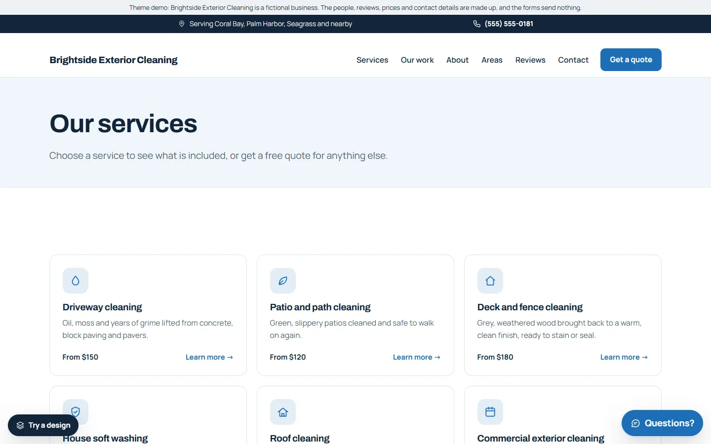 The services page of the pressure washing template