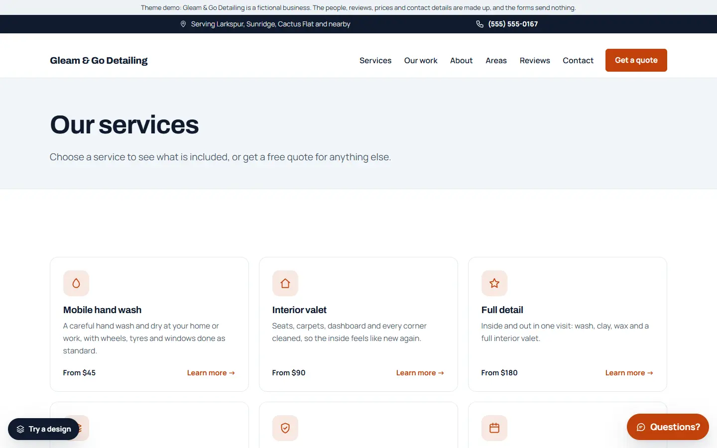 Car detailing template: all services page