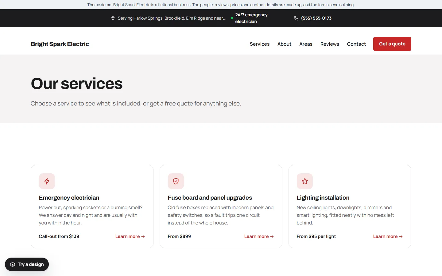 The services page of the electrician template, listing six electrical services