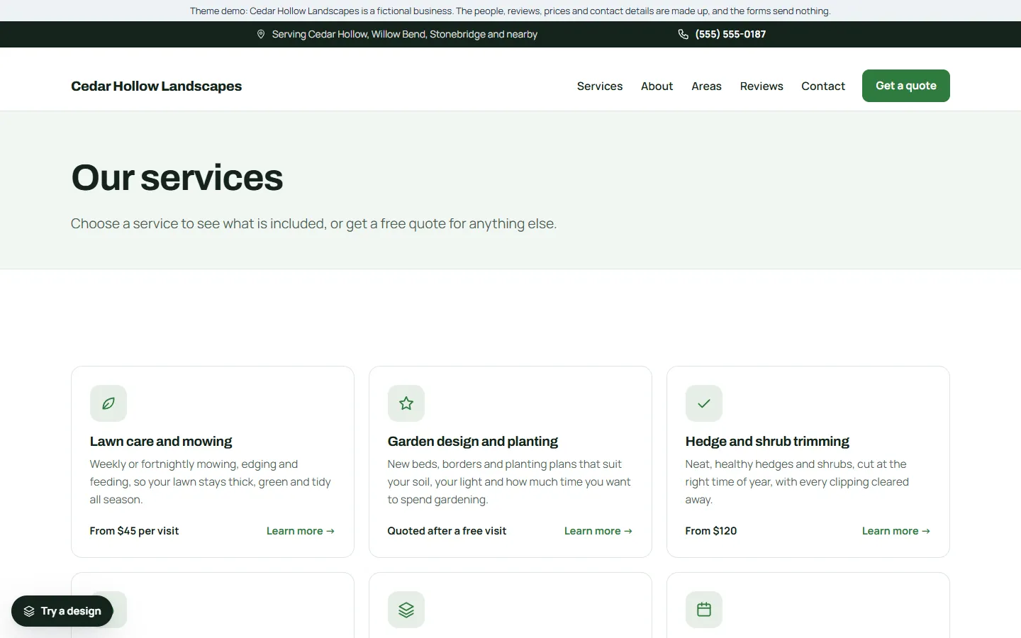 The services page of the landscaping template