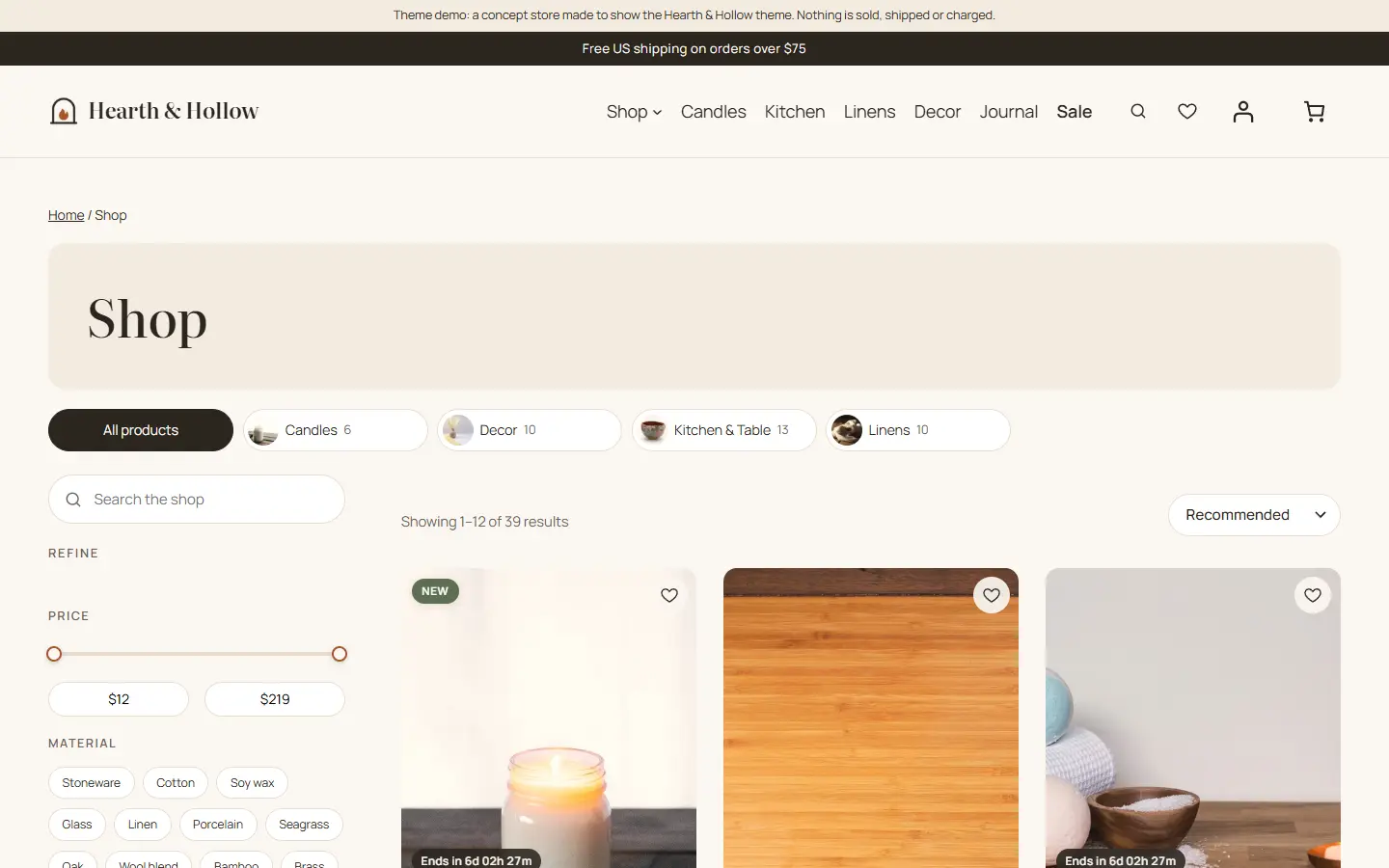 Shop page with category buttons, filters and sorting